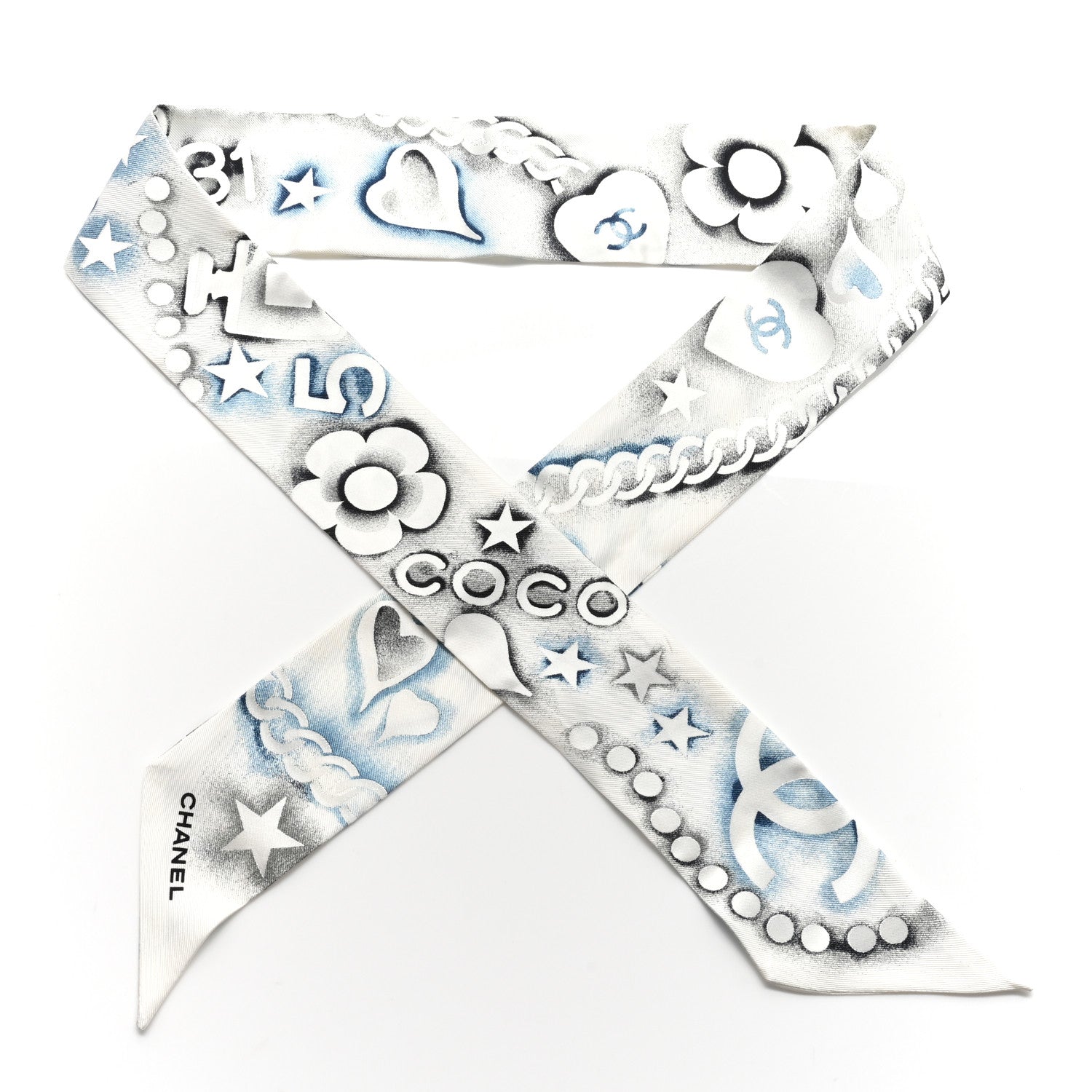 Chanel Silk CC Slim Bandeau Scarf White Blue 2 of 6