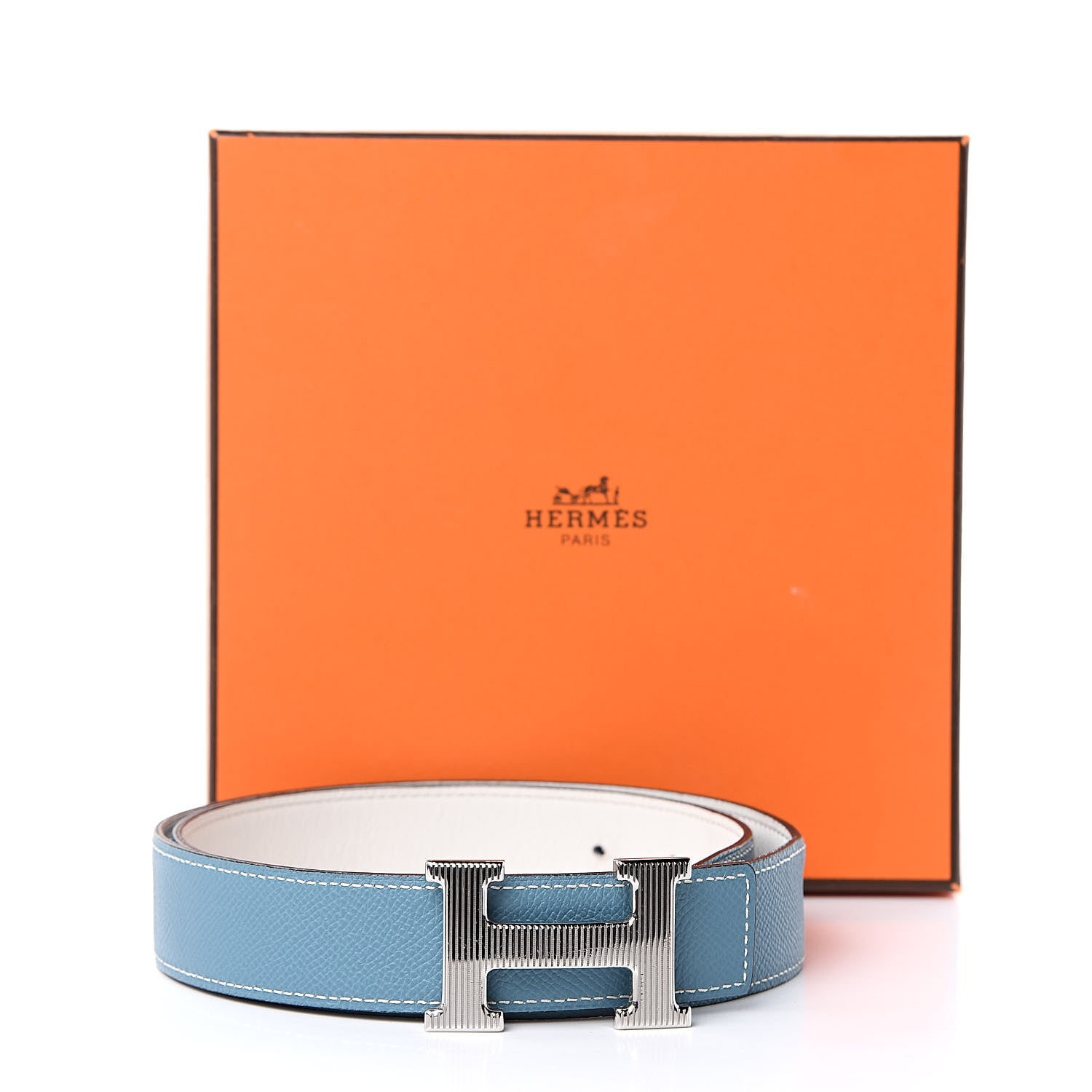 Hermes Epsom Swift Strie 32mm H Belt 95 Blue Jean White 8 of 8