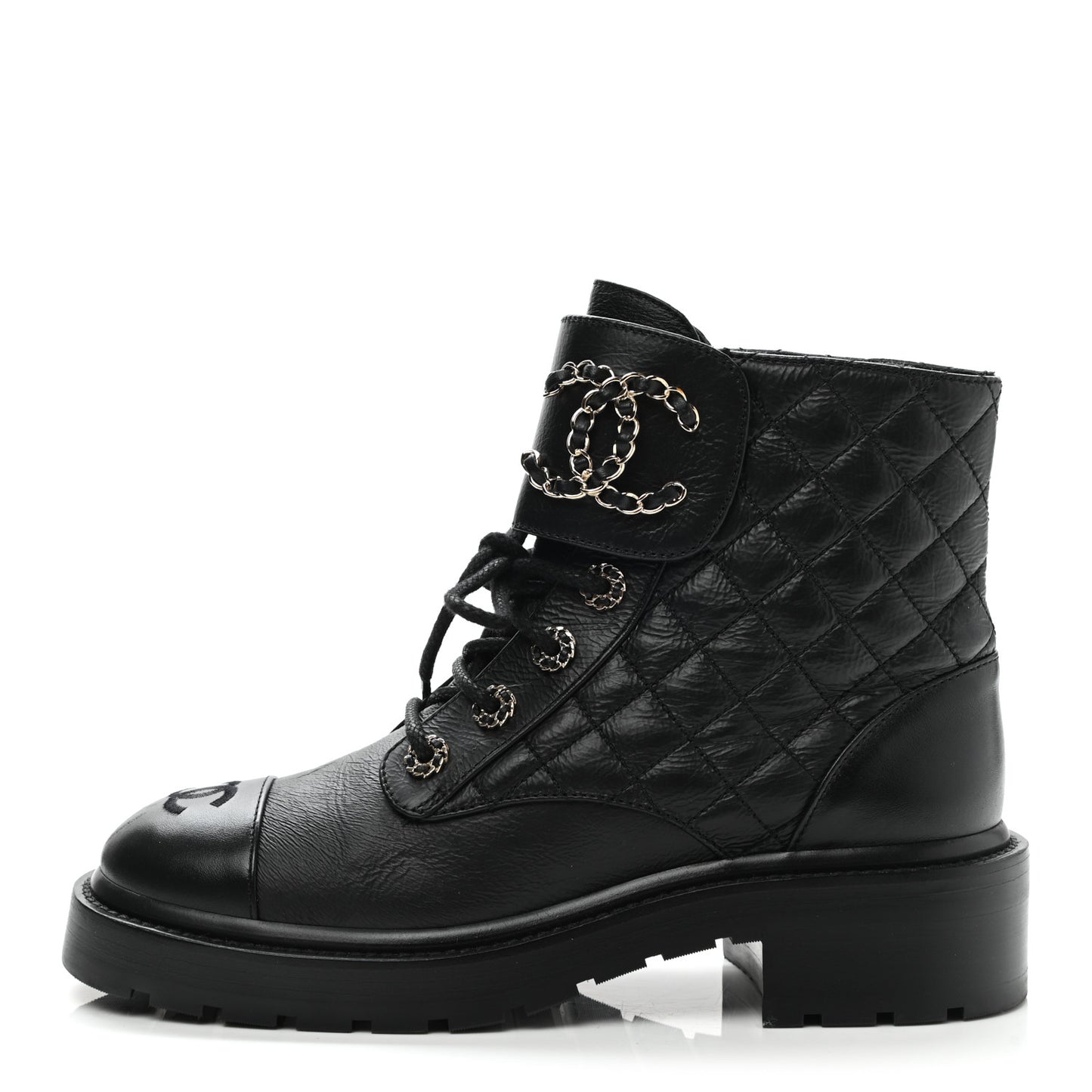 Shiny Lambskin Quilted Lace Up Combat Boots 37.5 Black