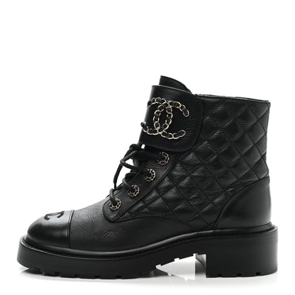 Chanel Shiny Lambskin Quilted Lace Up Combat Boots 37.5 Black 1 of 9