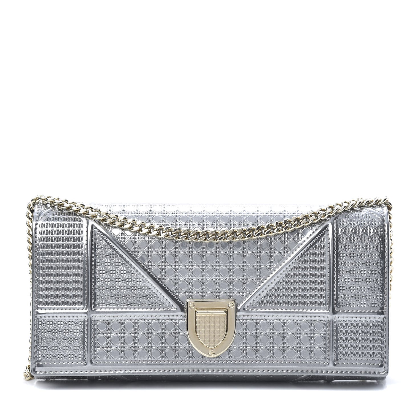 Metallic Patent Micro-Cannage Diorama Croisiere Chain Wallet Silver