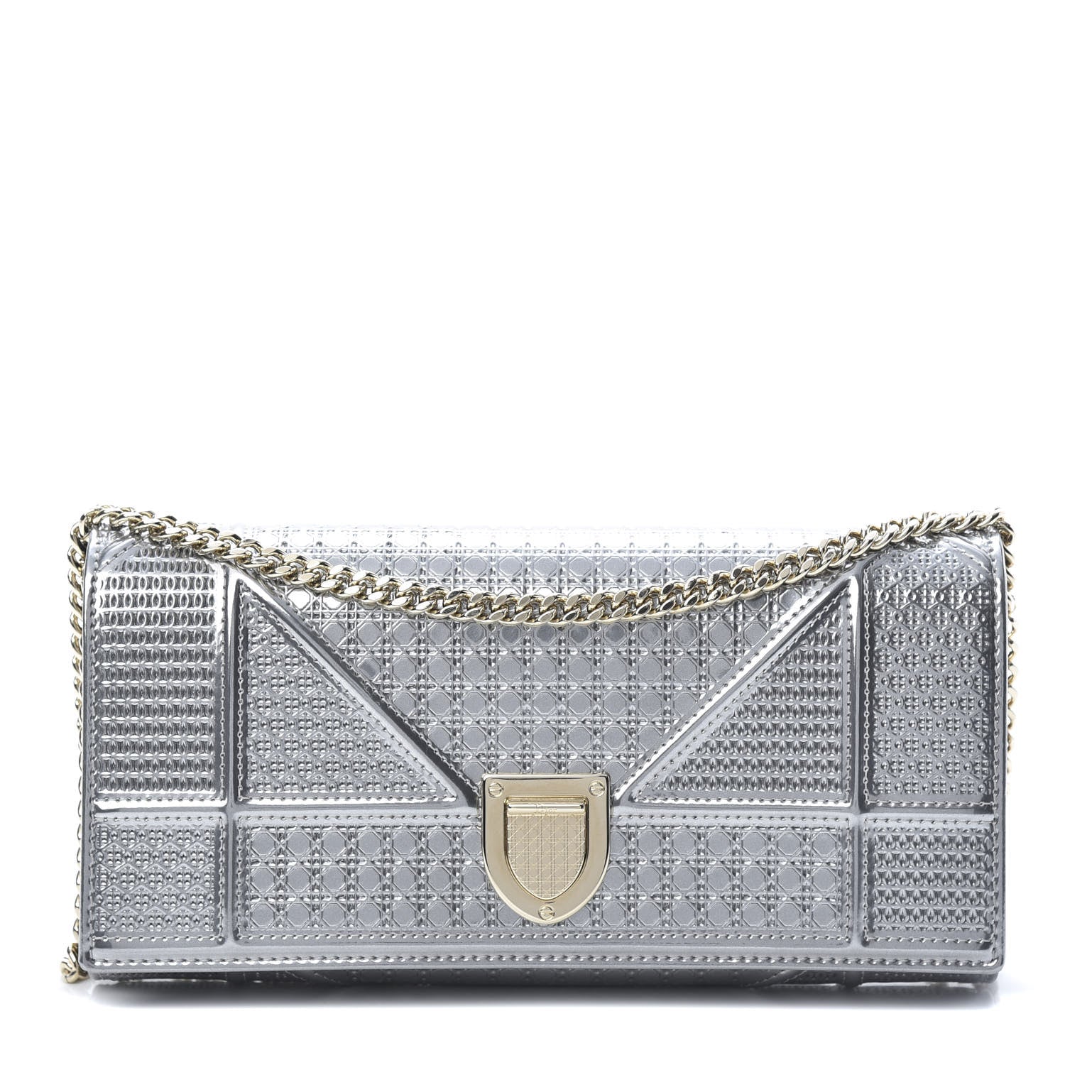 Christian Dior Metallic Patent Micro-Cannage Diorama Croisiere Chain Wallet Silver 1 of 11