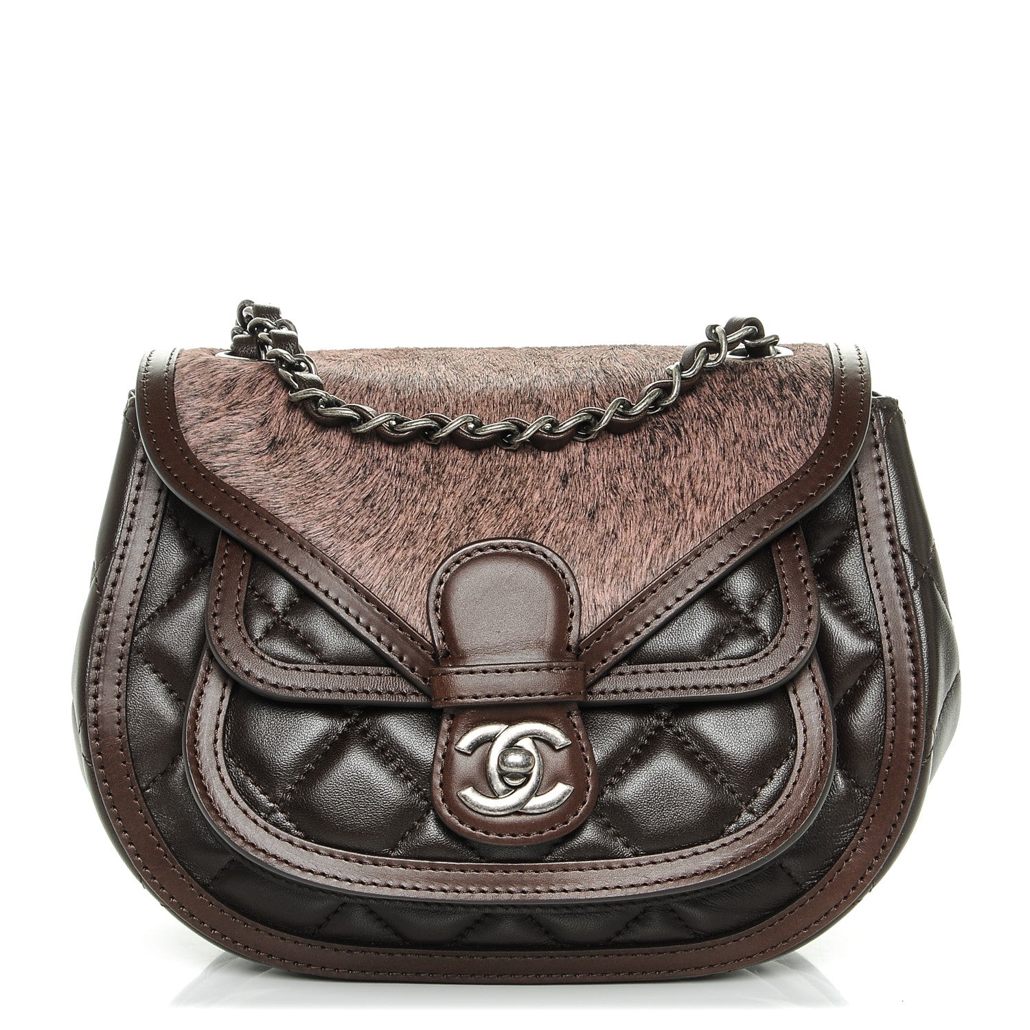 Chanel Lambskin Pony Hair Saddle Bag Dark Brown 1 of 8