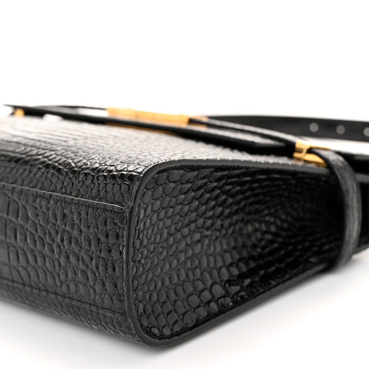 Saint Laurent Shiny Calfskin Crocodile Embossed Manhattan Baguette Black 9 of 9