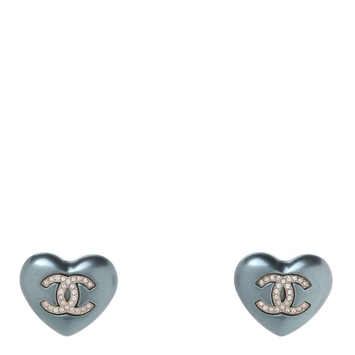 Chanel Pearl Crystal CC Heart Earrings Blue Gold 1 of 5