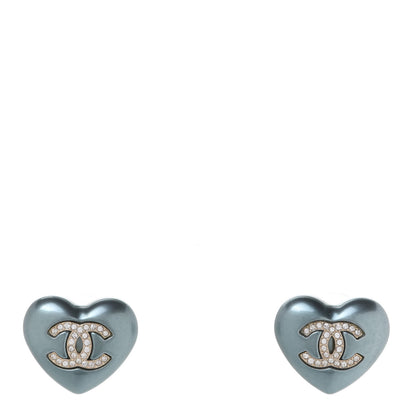 Chanel Pearl Crystal CC Heart Earrings Blue Gold 1 of 5