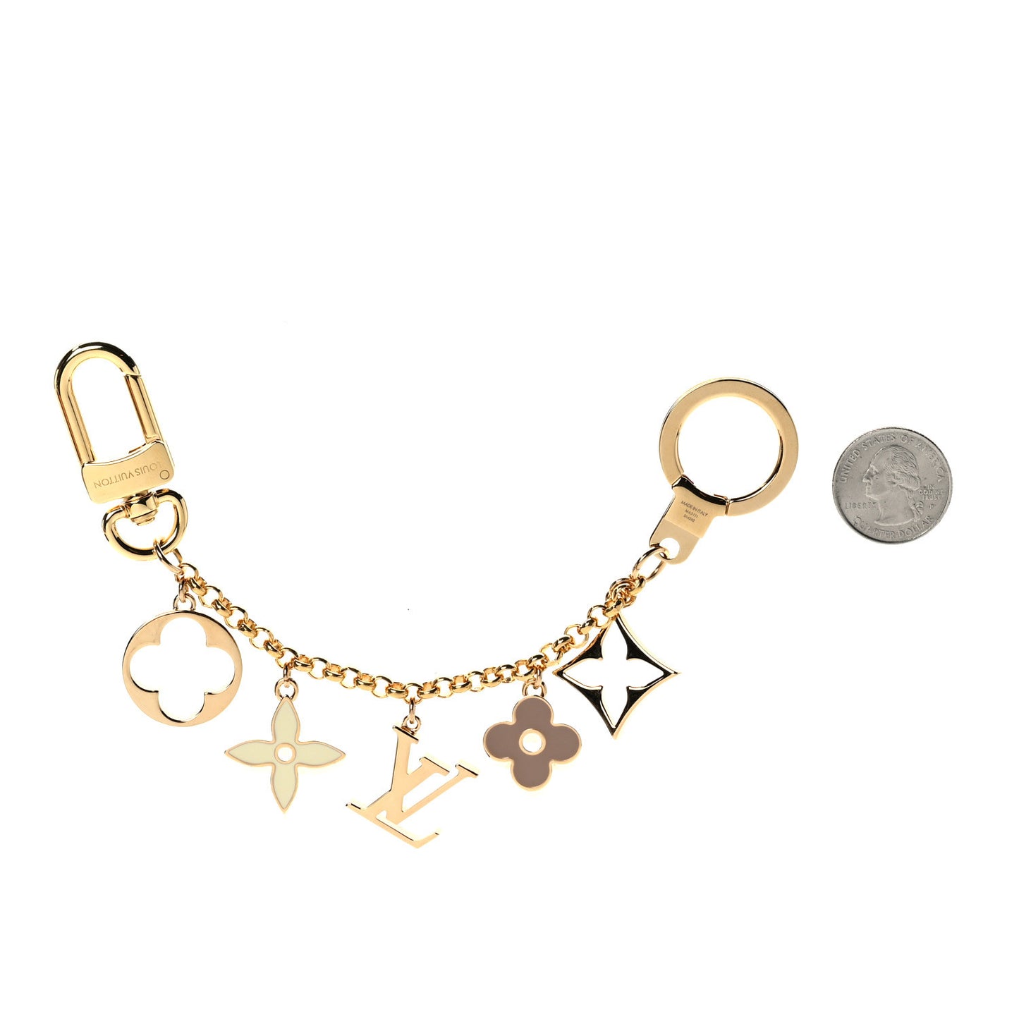 Brass Enamel Fleur De Monogram Bag Charm Chain Gold
