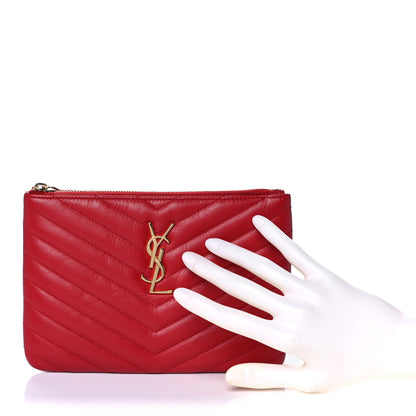 Saint Laurent Calfskin Matelasse Chevron Monogram Pouch Red 2 of 13