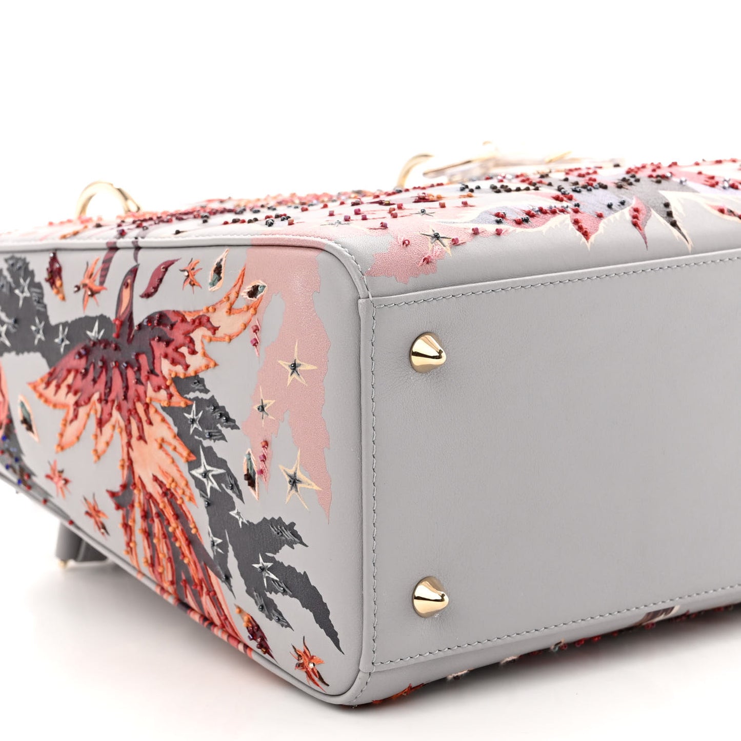 Calfskin Embroidered Beaded Medium Nature Ballet Lady Dior Grey Multicolor