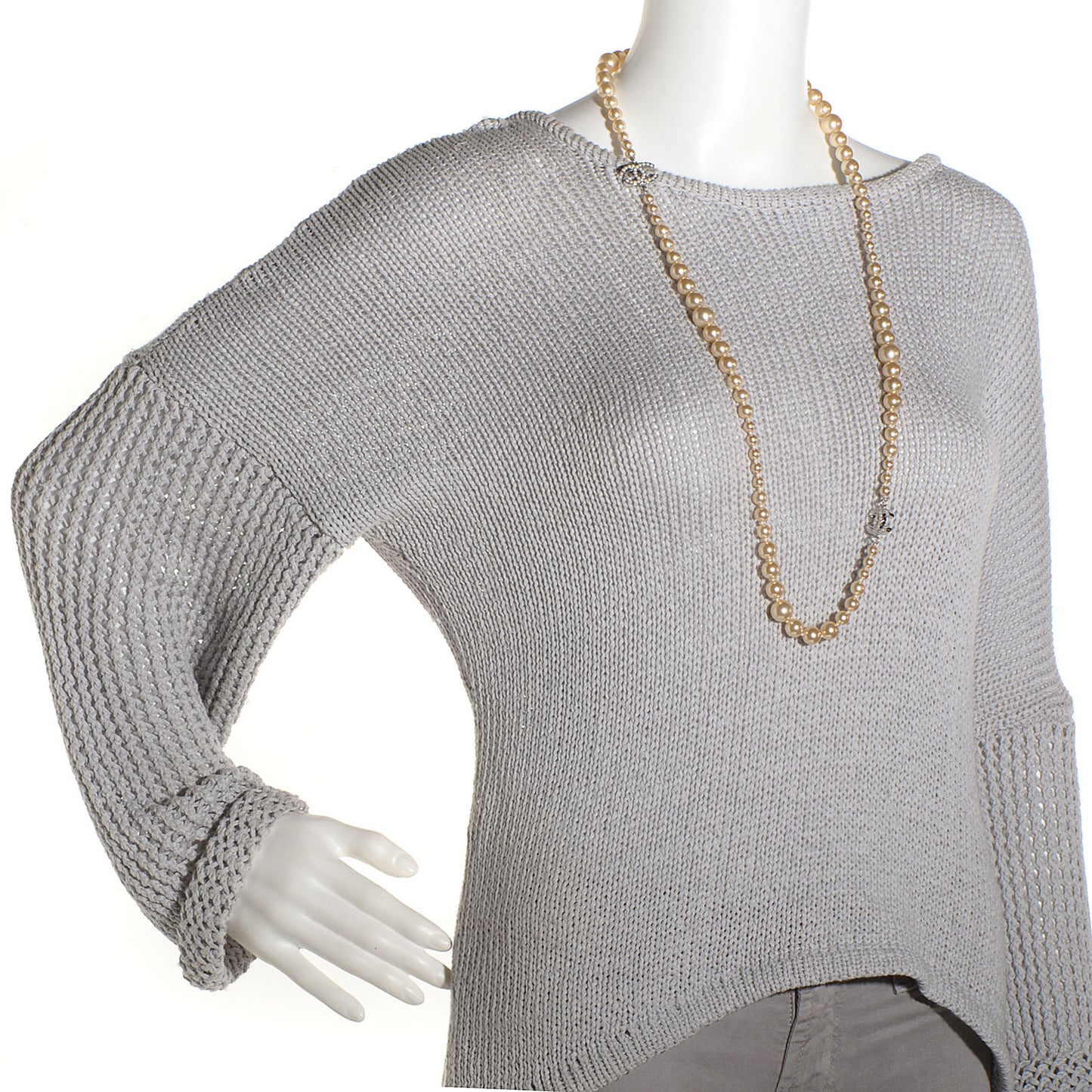 Graduated Pearl CC Long Necklace Silver