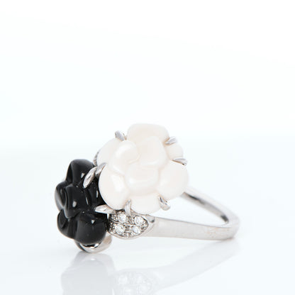 Chanel 18K White Gold Onyx White Agate Diamond Camellia Ring 4.5 3 of 6
