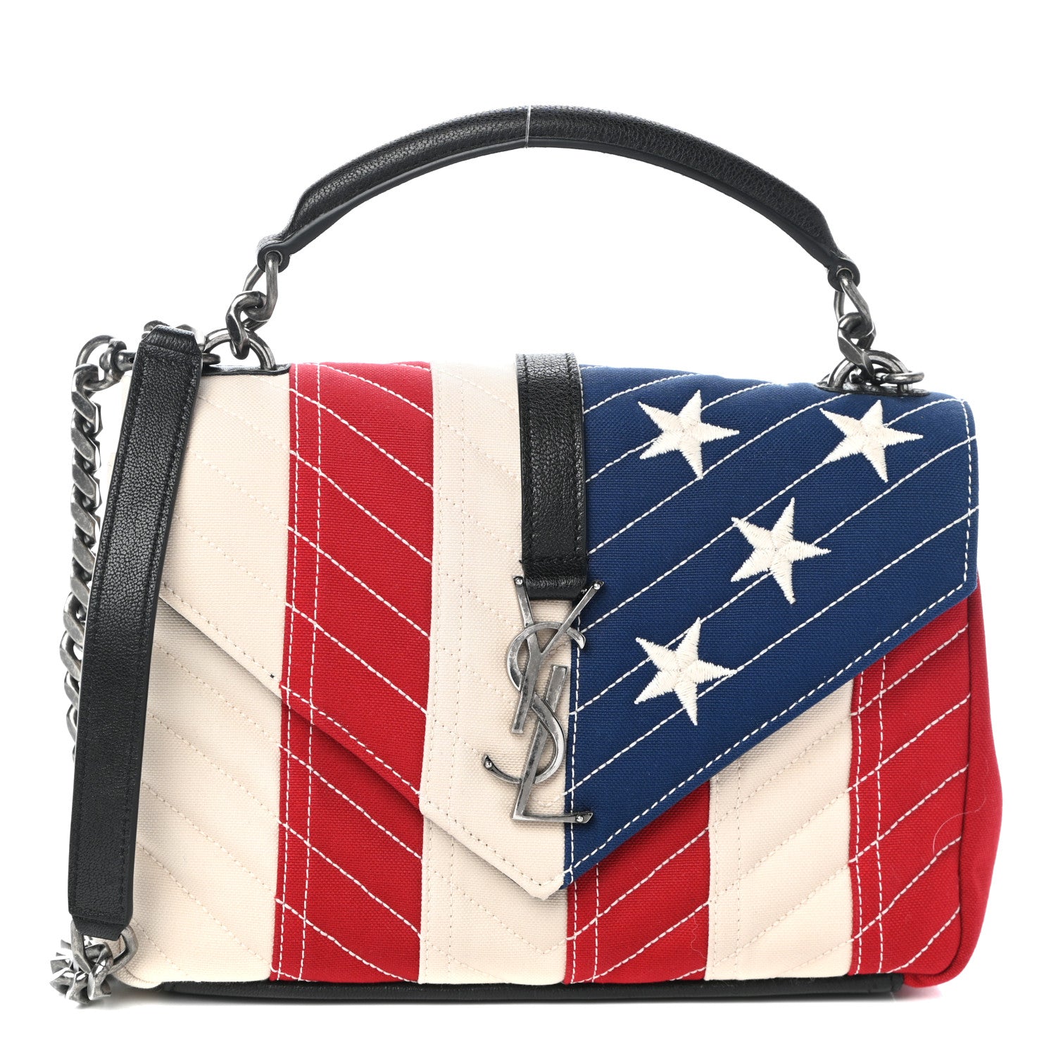 Saint Laurent Canvas Matelasse Chevron American Flag Monogram Medium College Bag Red Blue 1 of 9