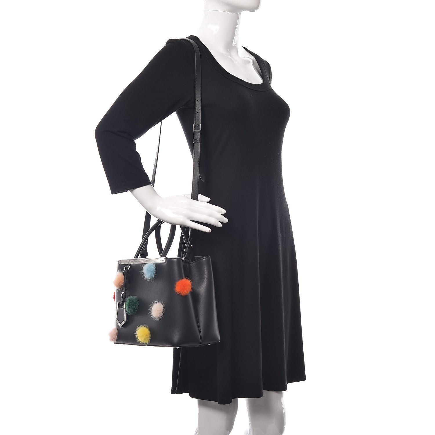 Fendi Vitello Dolce Mink Fur Pom Pom Petite 2Jours Tote Black Multicolor 2 of 12