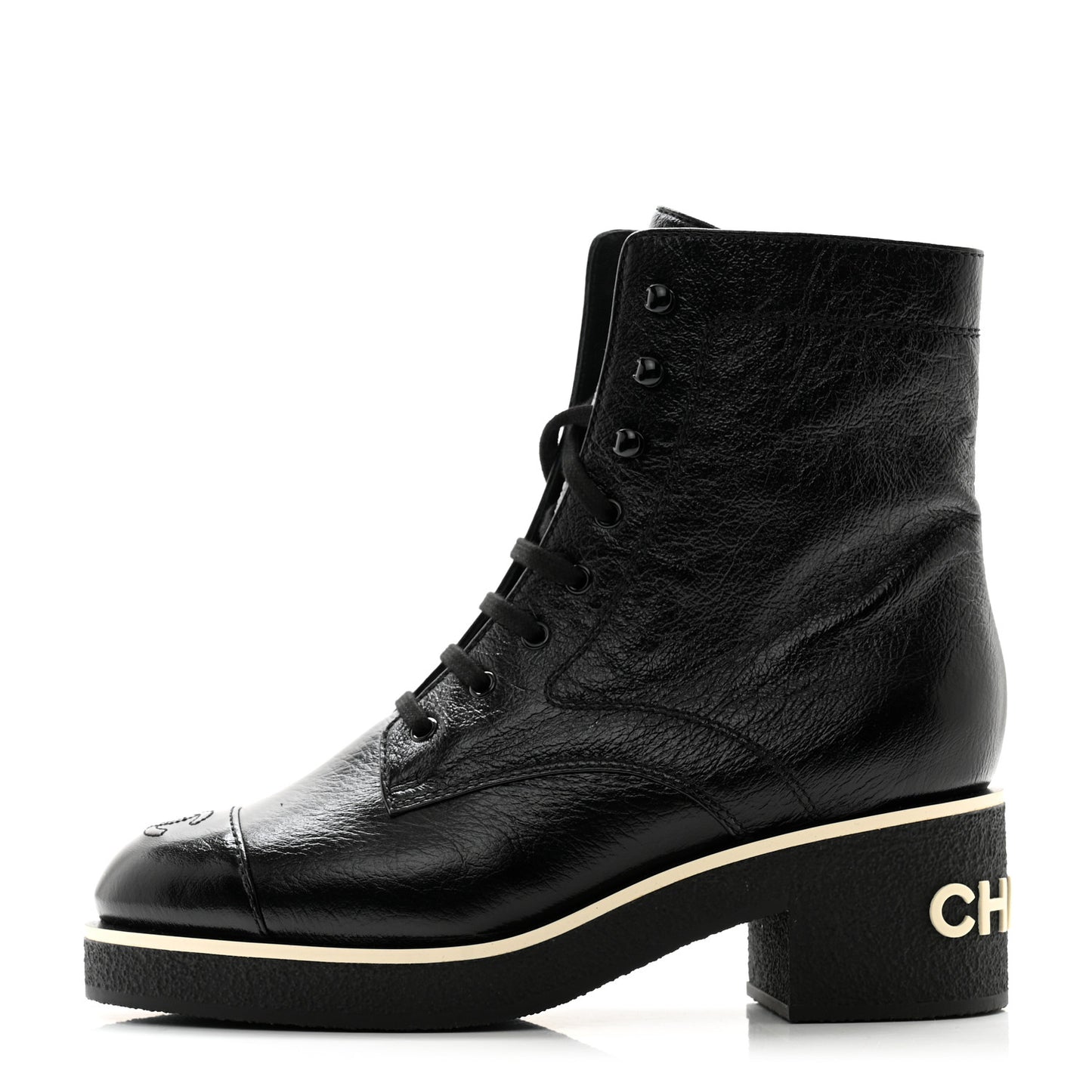 Shiny Crumpled Lambskin Lace Up Combat Boots 41 Black