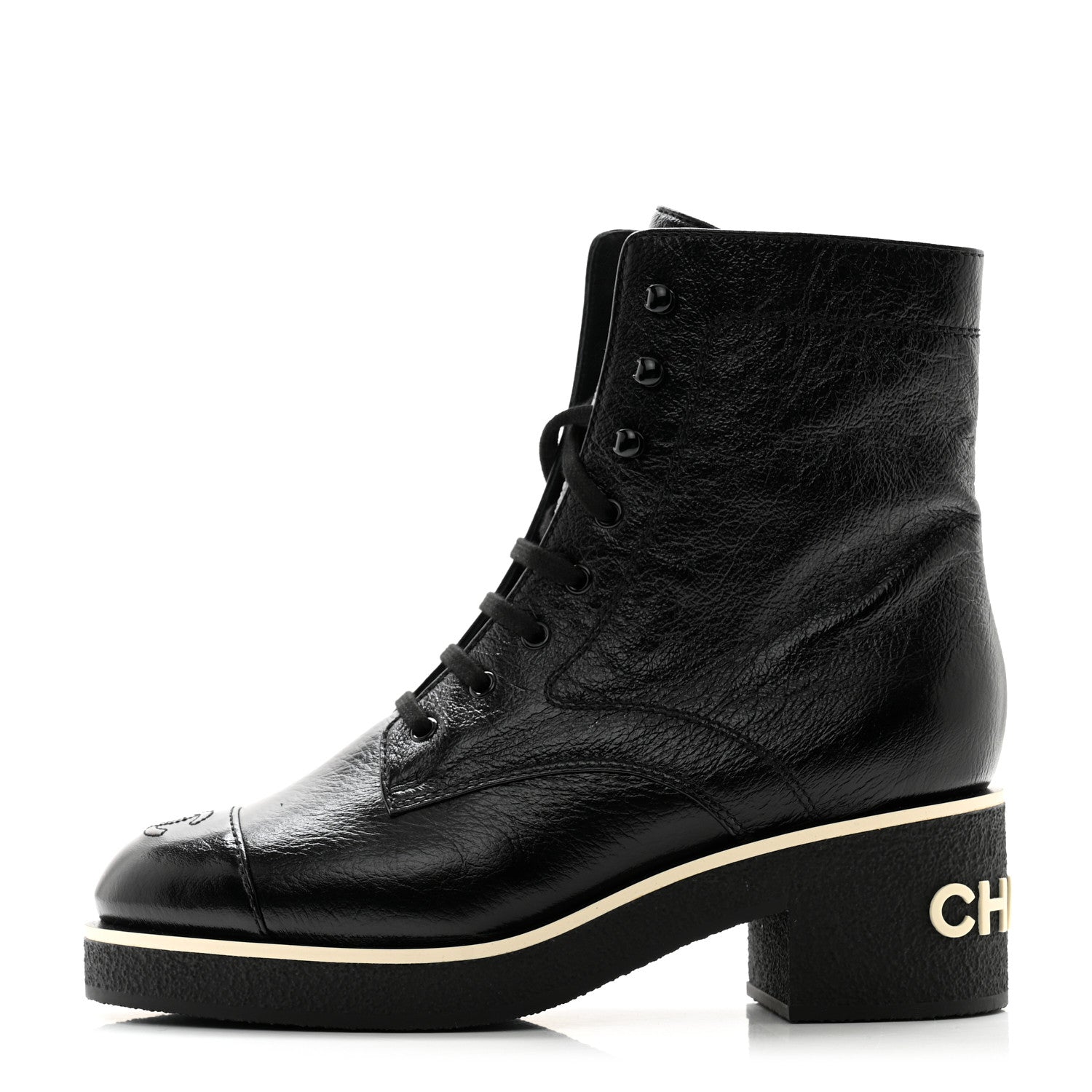 Chanel Shiny Crumpled Lambskin Lace Up Combat Boots 41 Black 1 of 11