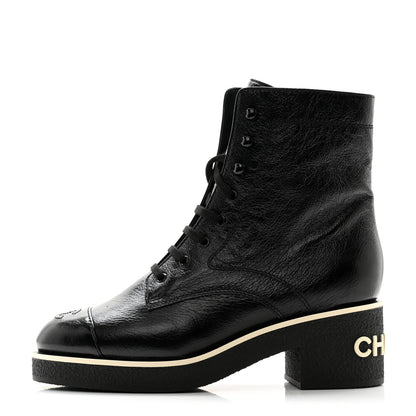 Chanel Shiny Crumpled Lambskin Lace Up Combat Boots 41 Black 1 of 11