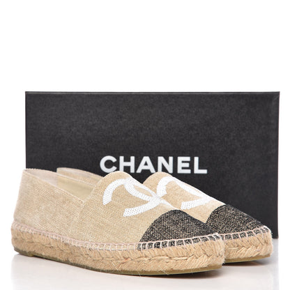 Chanel Toile Sequin CC Espadrilles 38 Beige Black 8 of 8