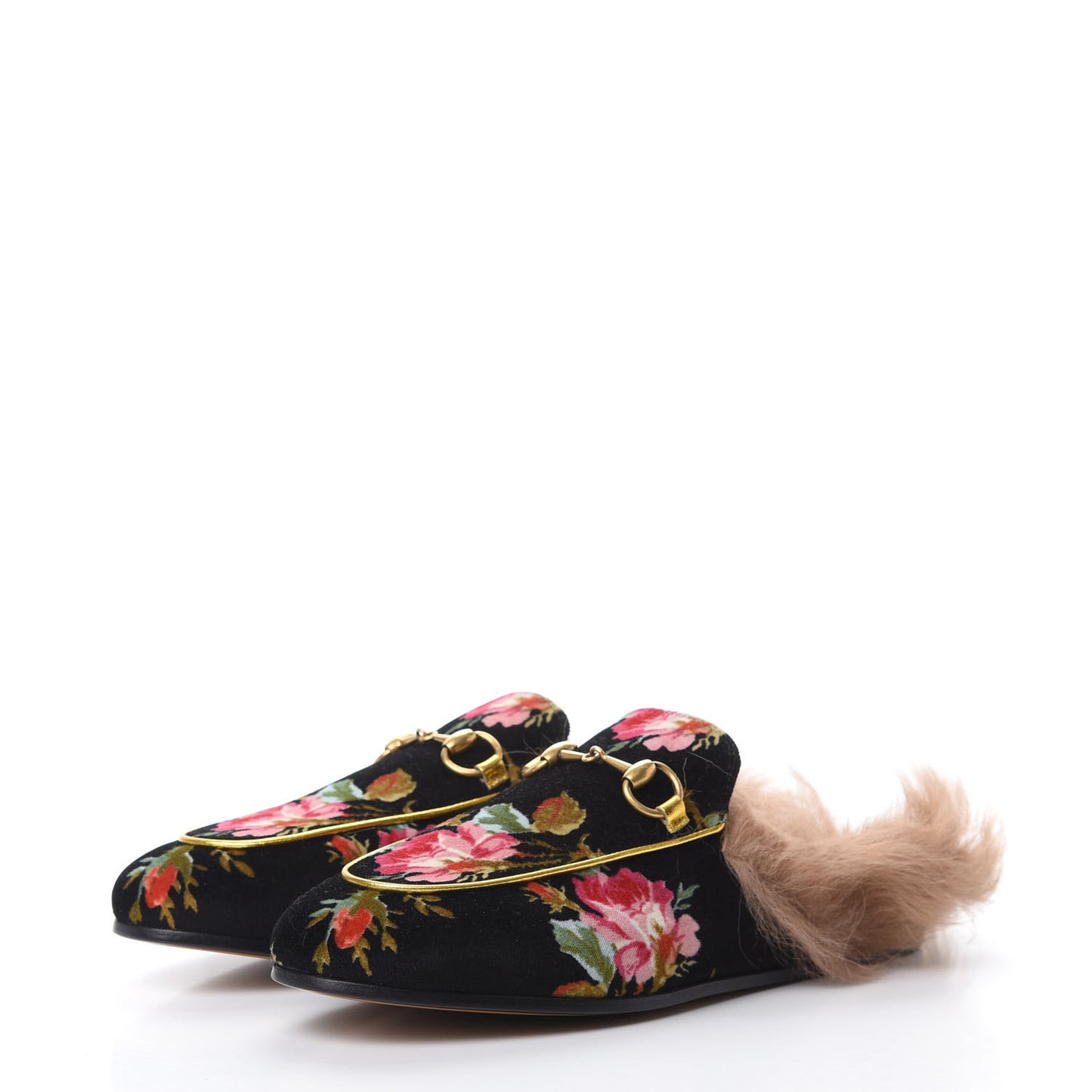 Velvet Fur Floral Womens Princetown Slippers 36 Black