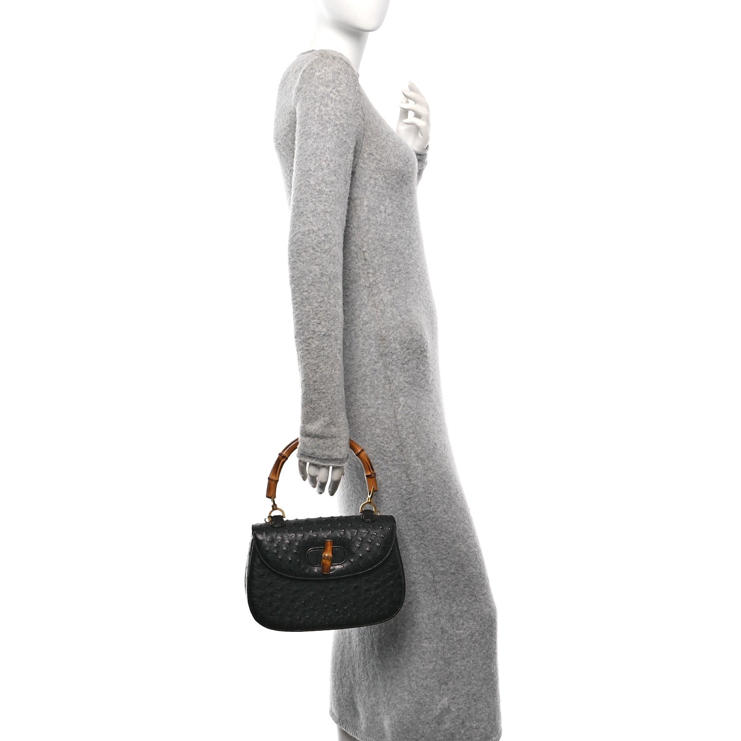 Gucci Ostrich Medium Bamboo Top Handle Bag Black 2 of 16