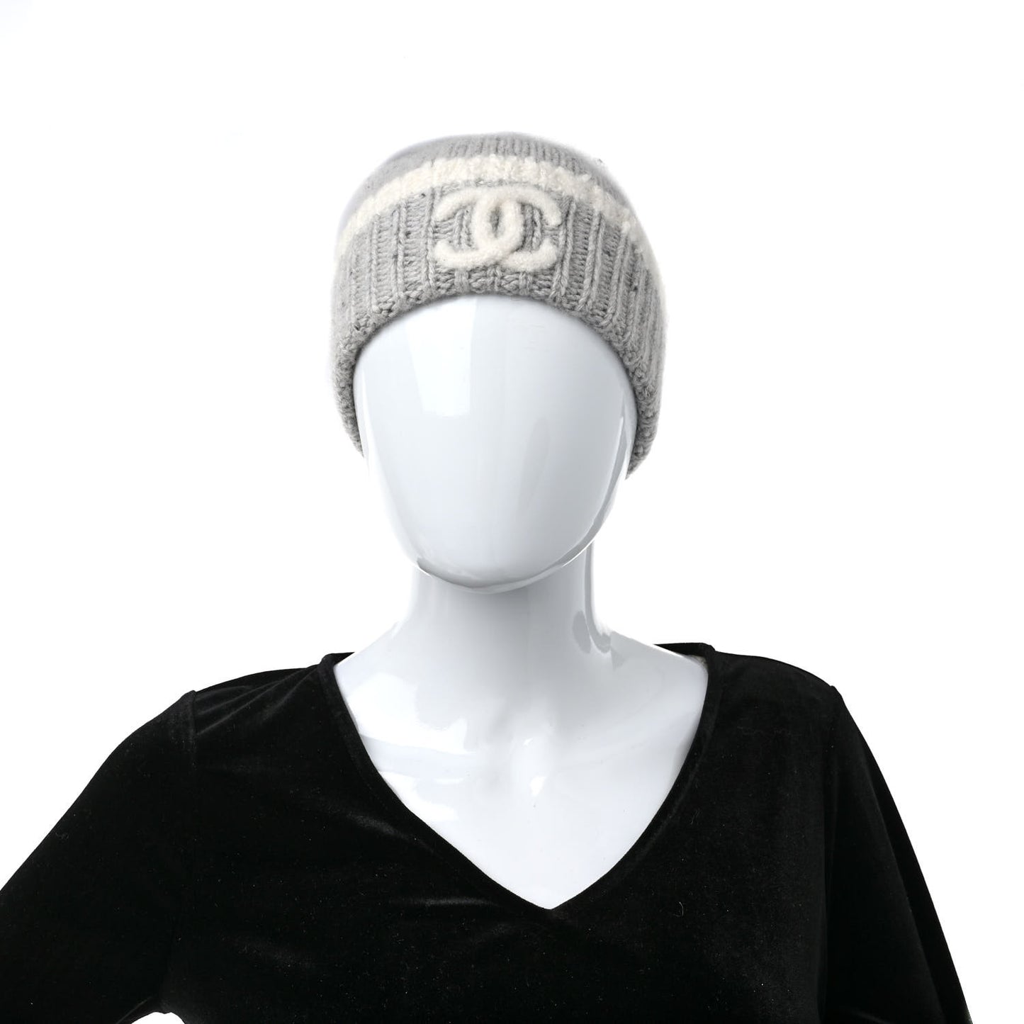 Cashmere Silk CC Beanie Hat Grey Ecru
