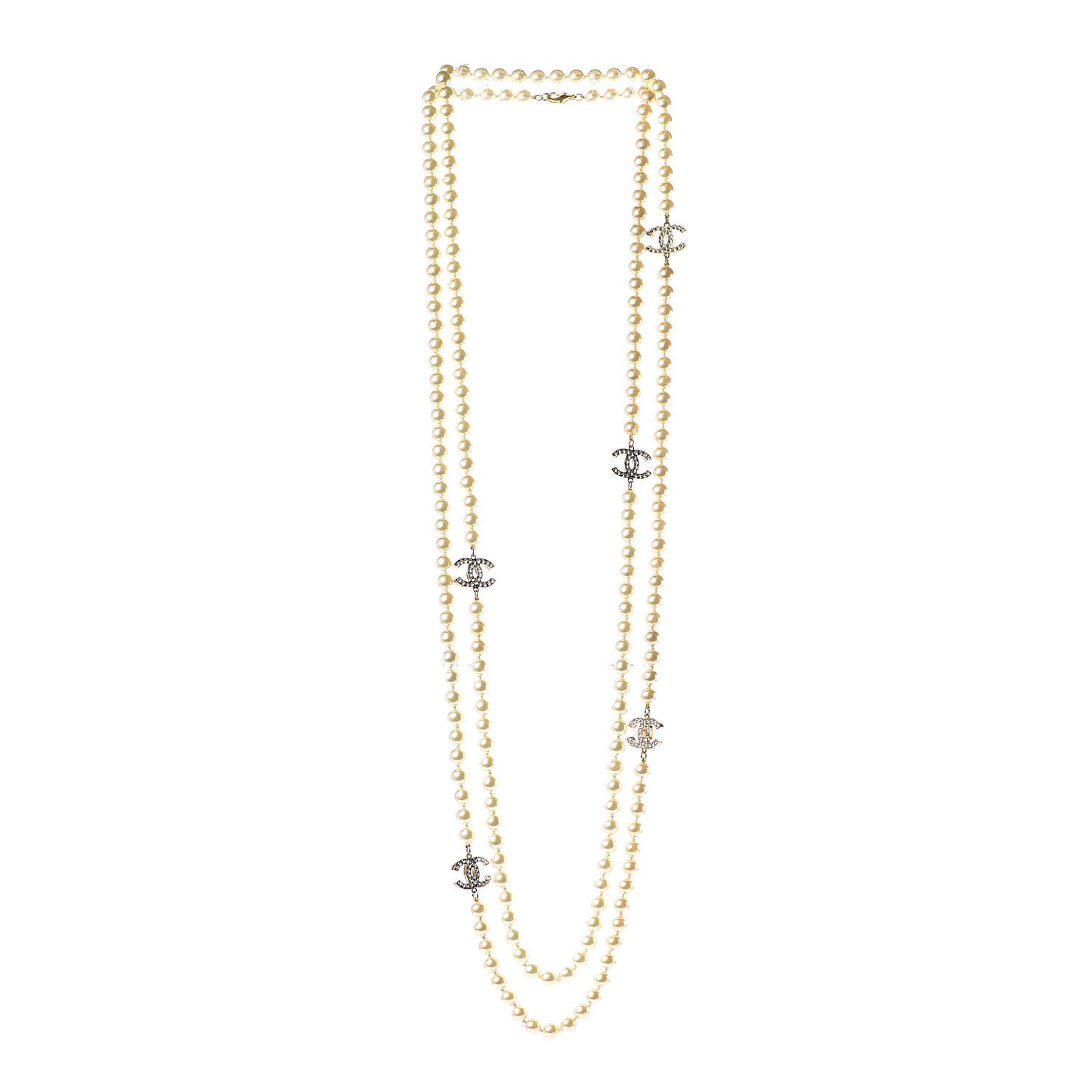 Pearl Crystal Long CC Necklace Gold