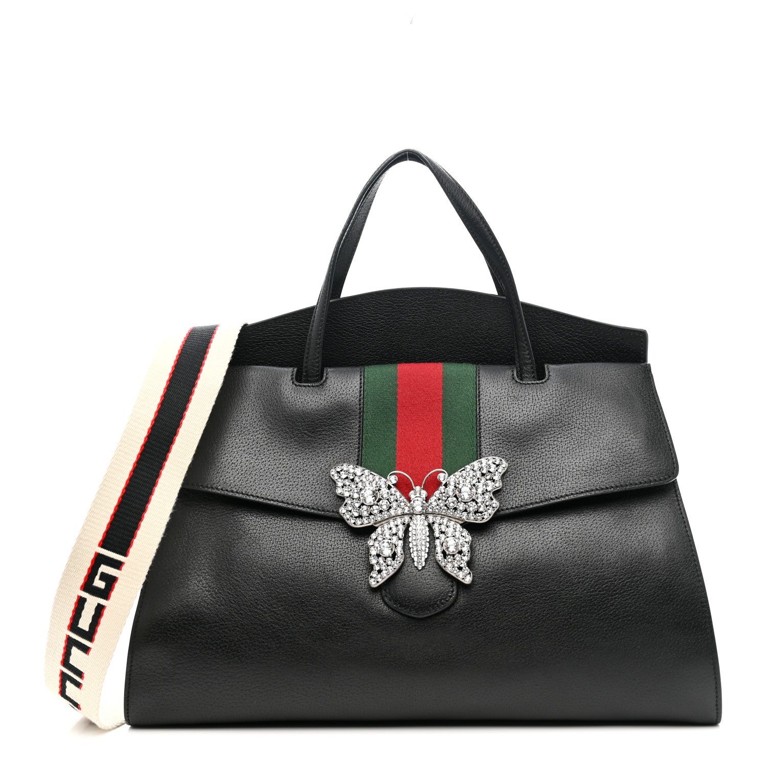 Gucci Grained Calfskin Web Crystal Butterfly Stripe Large Totem Top Handle Bag Black 1 of 11