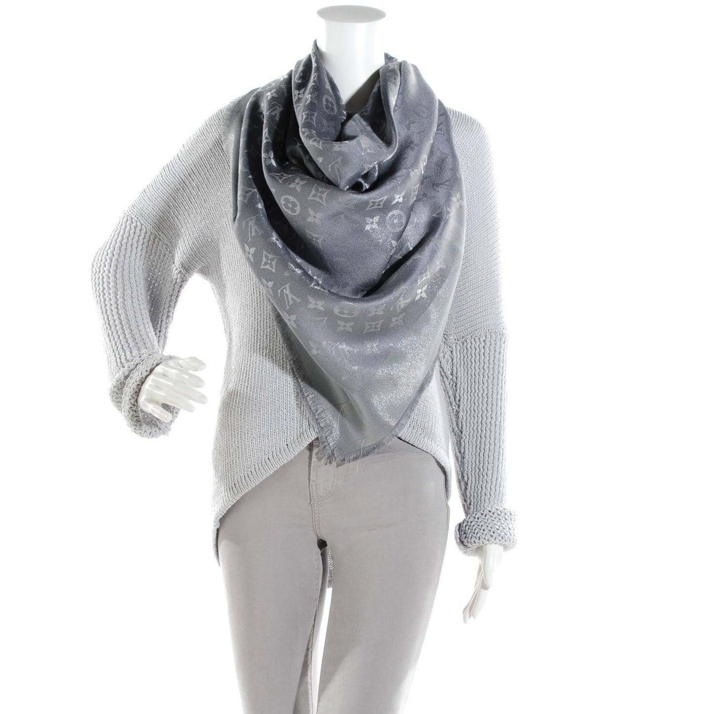 Silk Lurex Wool Monogram Shine Shawl Pearl Grey