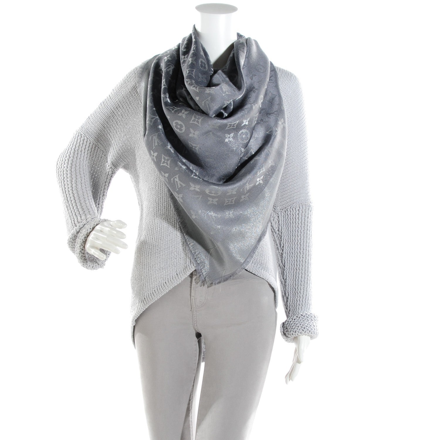 Louis Vuitton Silk Lurex Wool Monogram Shine Shawl Pearl Grey 2 of 8