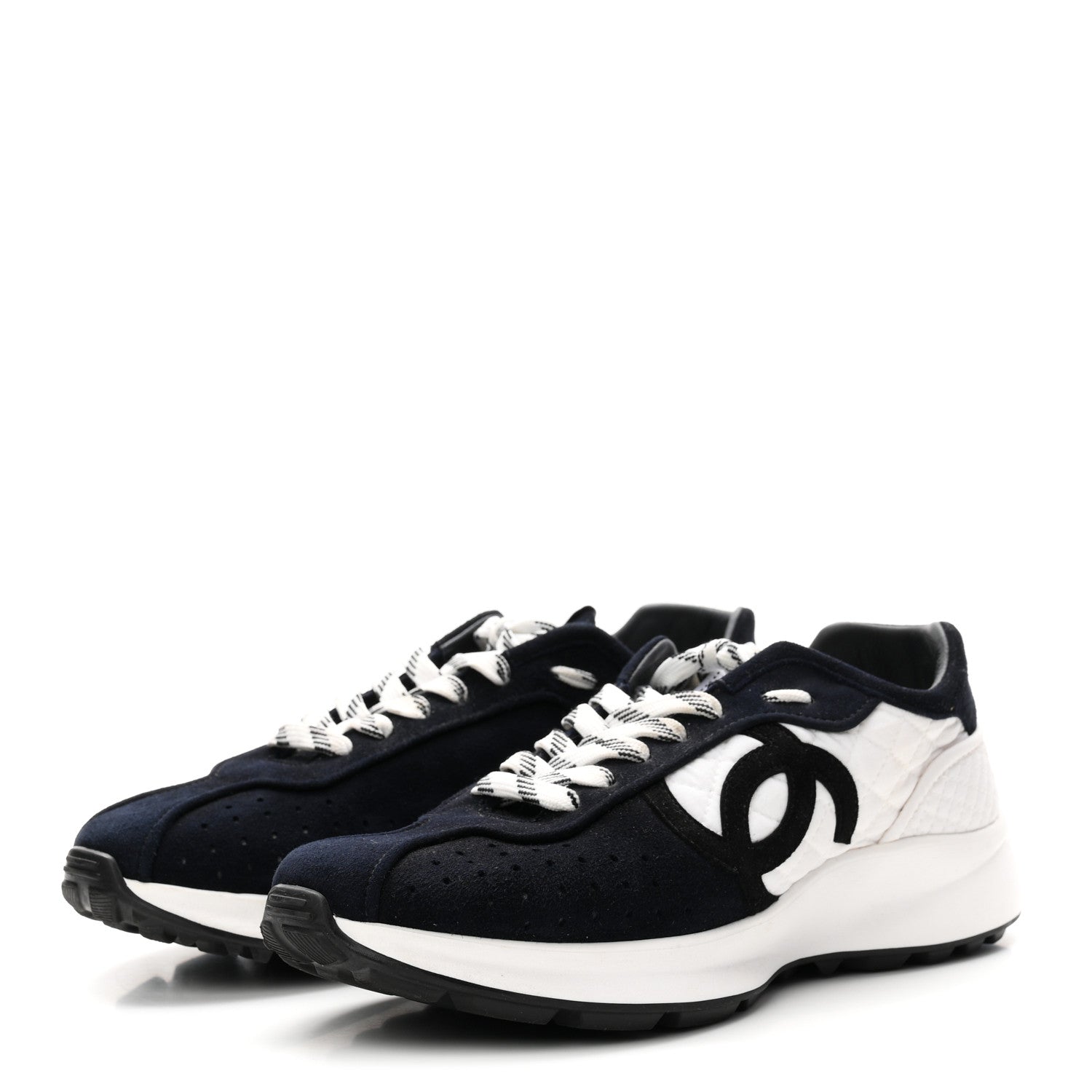 Chanel Fabric Suede Kidskin CC Sneakers 41 Dark Navy White 4 of 8