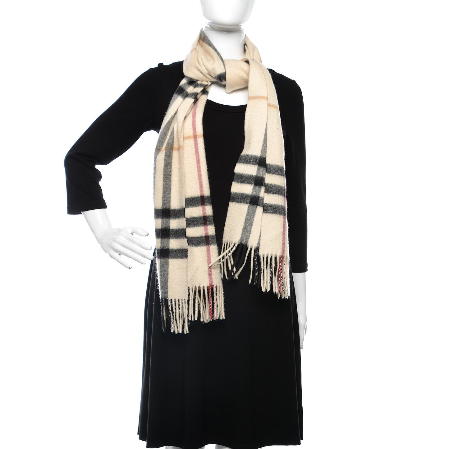 Cashmere Half Mega Check Fringe Scarf Ivory