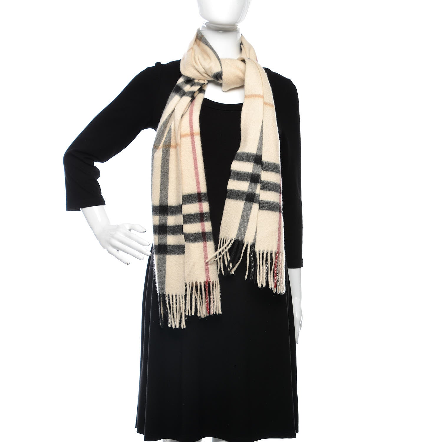 Burberry Cashmere Half Mega Check Fringe Scarf Ivory 2 of 4