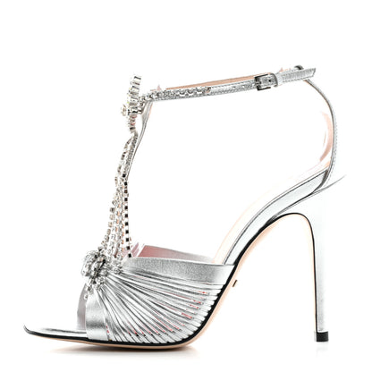Gucci Metallic Nappa Crystal Crawford Strap High Heel Sandals 37 Silver 1 of 8