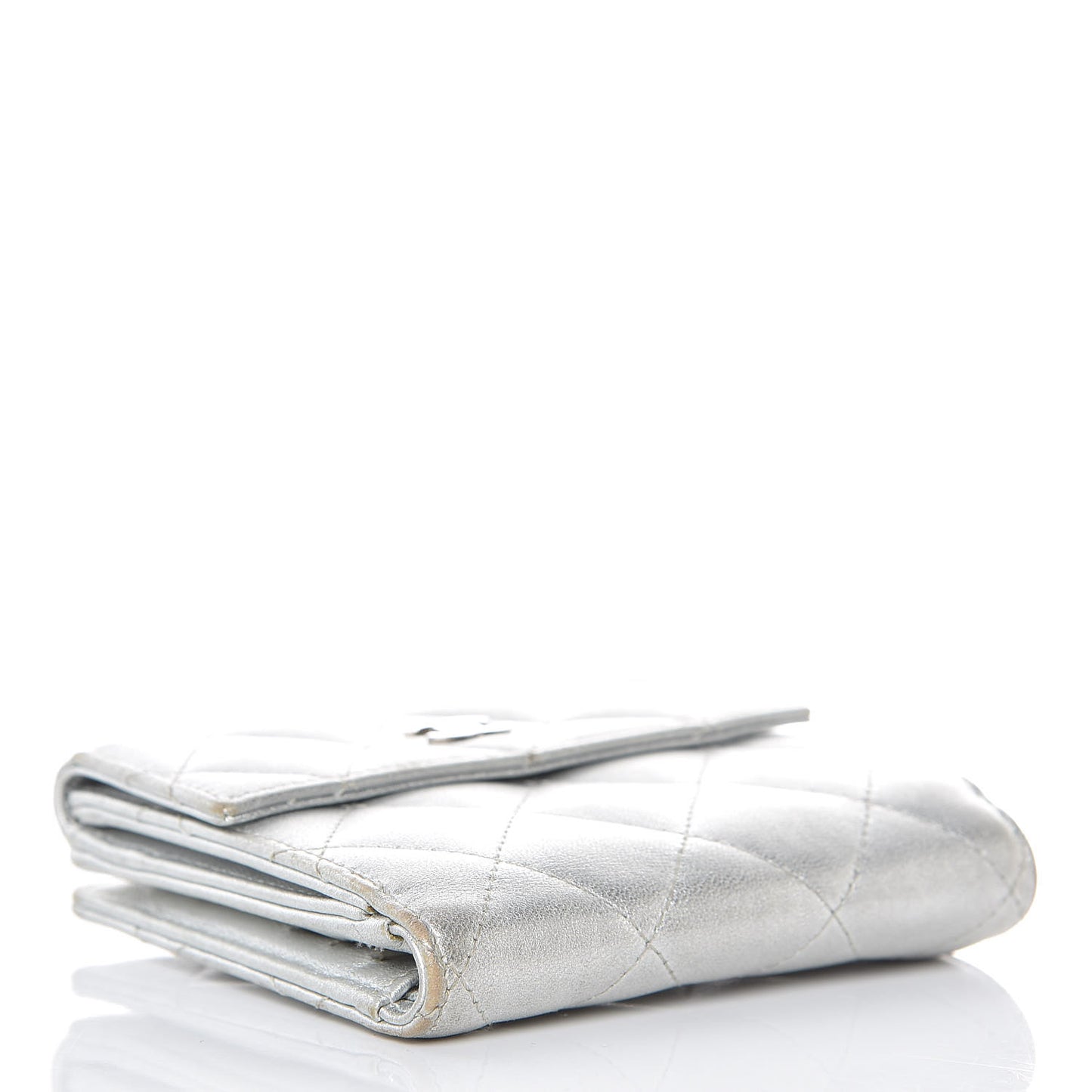 Metallic Lambskin Quilted Compact French Flap Wallet Silver