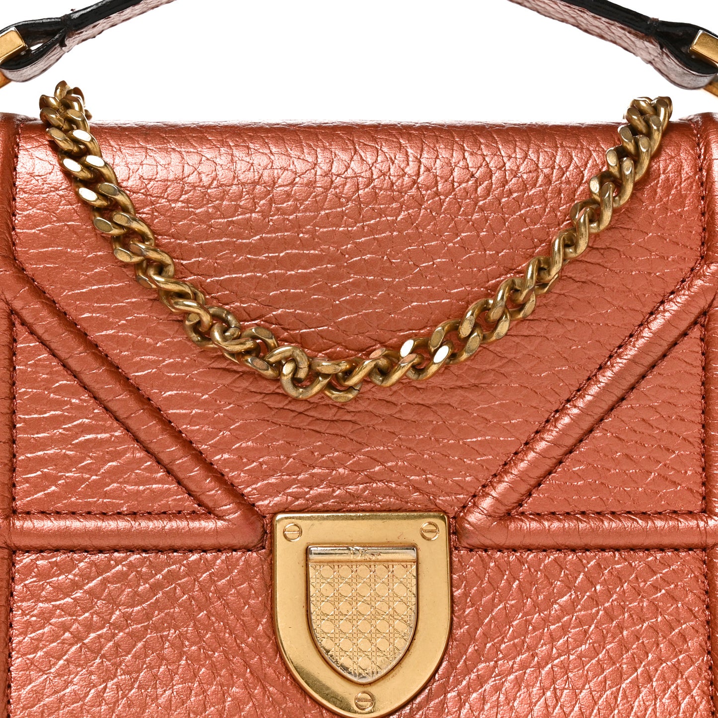 Metallic Grained Calfskin Diorama Top Handle Wallet On Chain Pouch Deep Orange