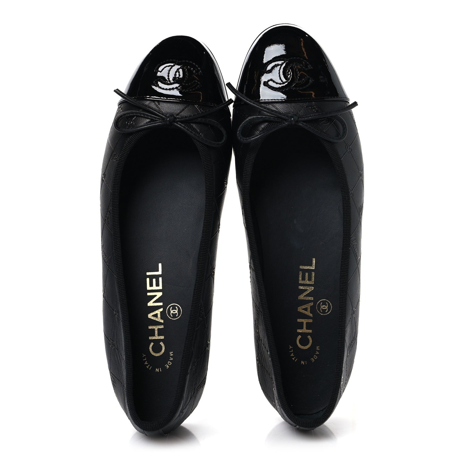 CHANEL フラットパンプス36c Chanel Printed Lambskin Patent Cap Toe Ballerina Flats 36 Black