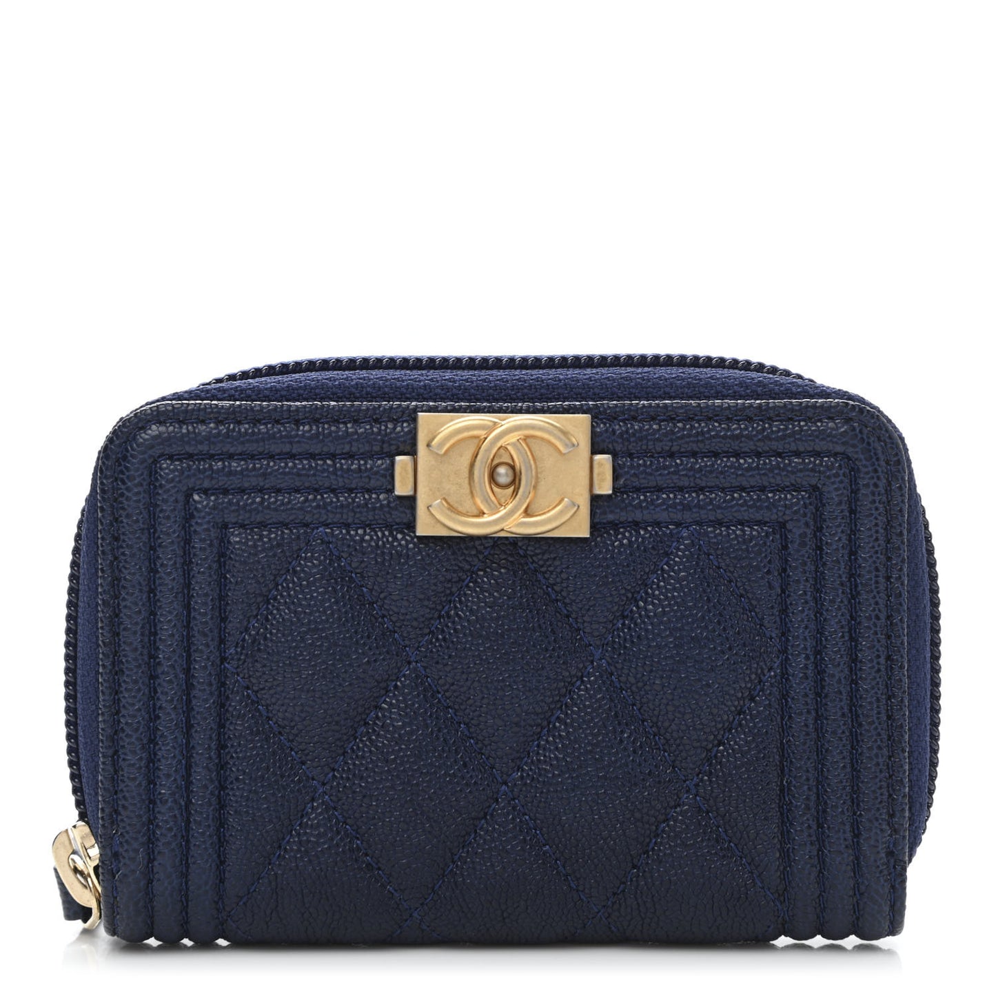 Caviar Quilted Boy Zip Around Coin Purse Wallet Dark Blue
