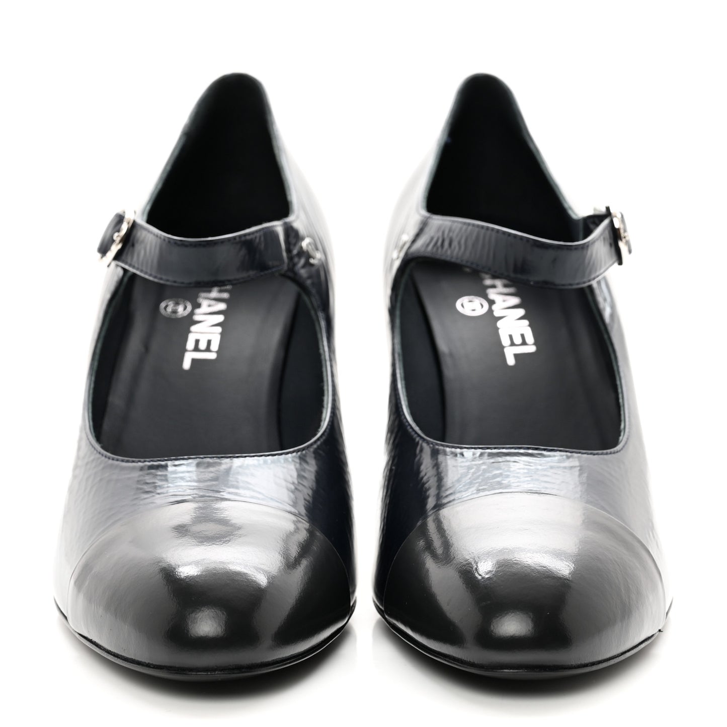 Shiny Goatskin Cap Toe Mary Jane Pumps 42 Navy Blue Dark Grey