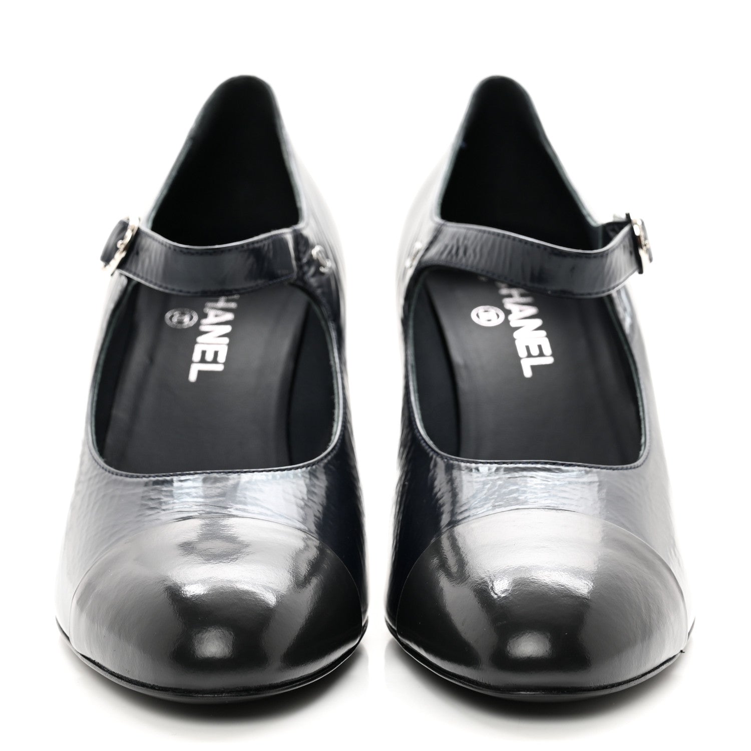 Chanel Shiny Goatskin Cap Toe Mary Jane Pumps 42 Navy Blue Dark Grey 2 of 9