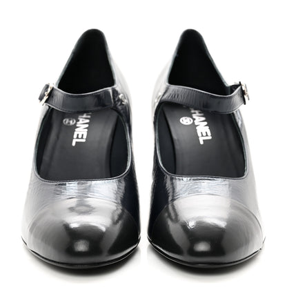 Chanel Shiny Goatskin Cap Toe Mary Jane Pumps 42 Navy Blue Dark Grey 2 of 9