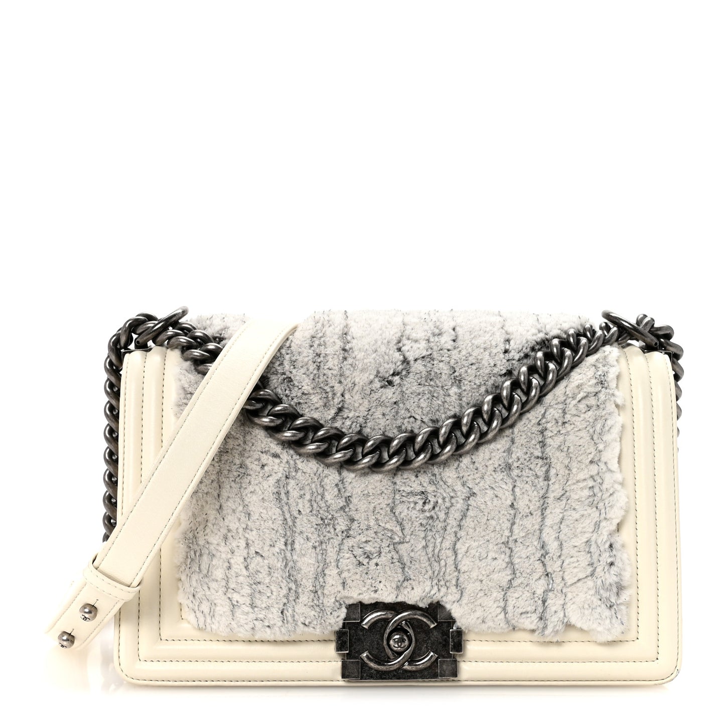 Fur Calfskin Medium Boy Flap White Silver