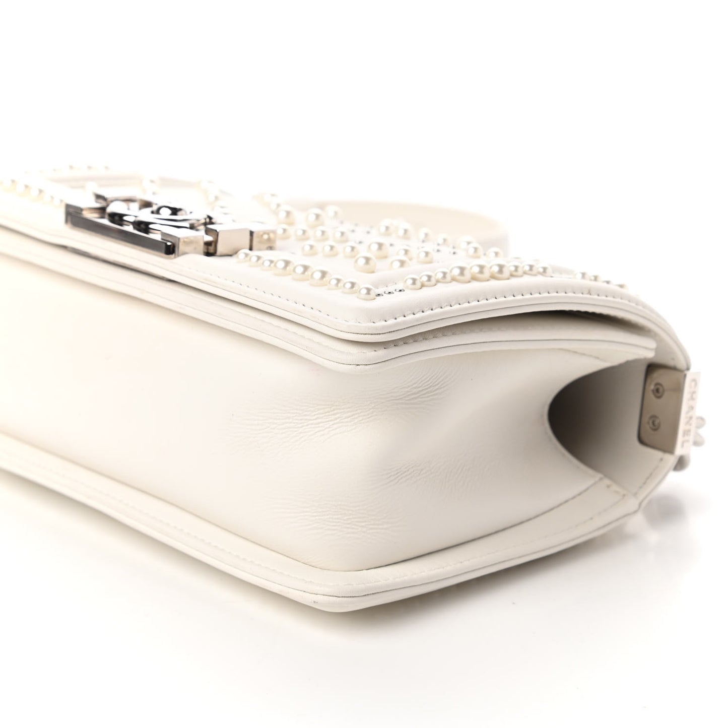 Calfskin Pearl Chevron Small Boy Flap White
