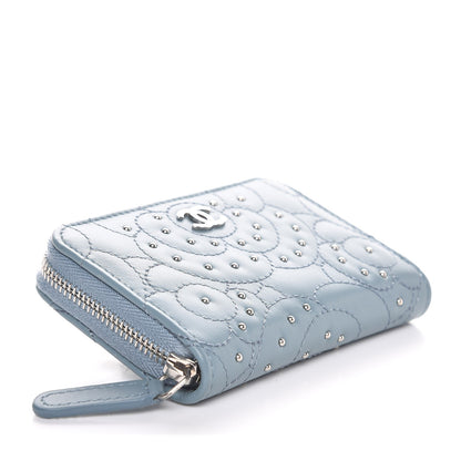 Chanel Lambskin Camellia Embossed Studded Zip Coin Purse Blue 4 of 8