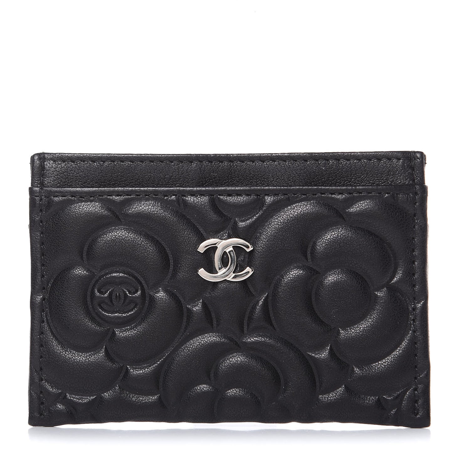 Lambskin Camellia Embossed Card Holder Black