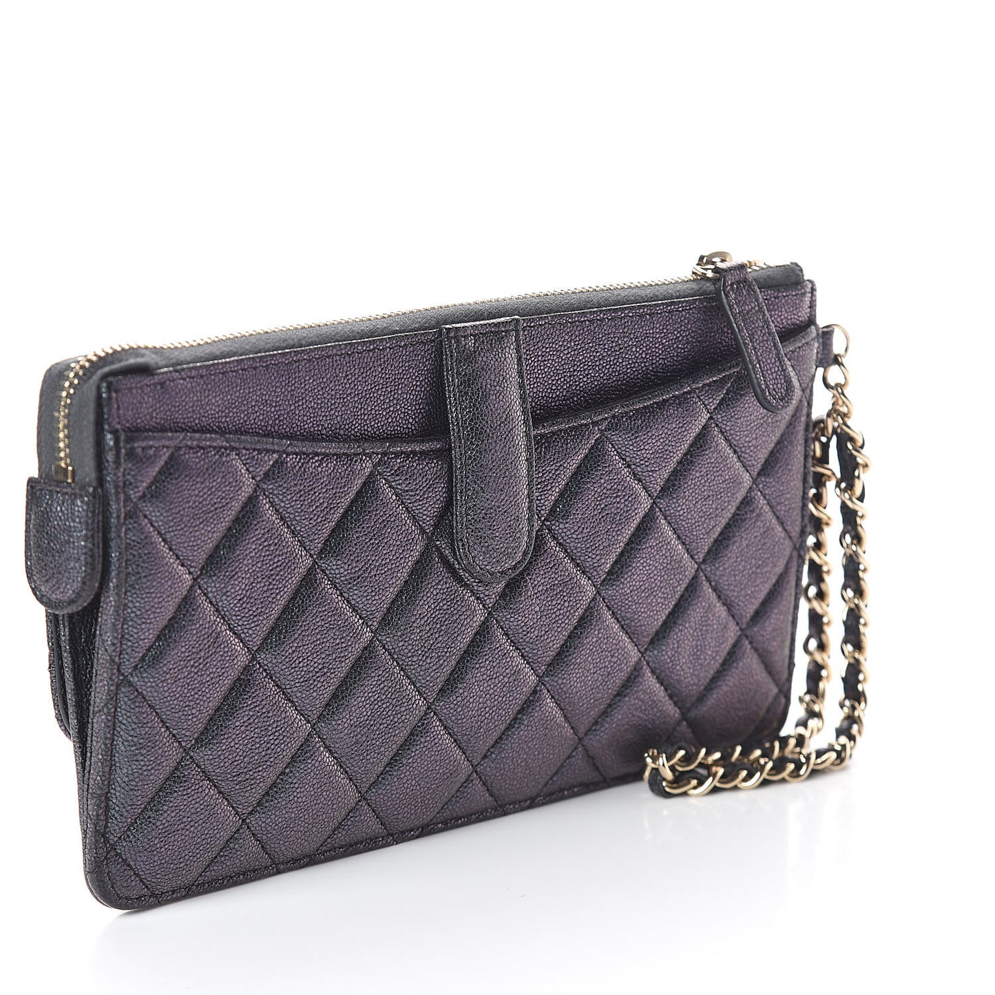 Iridescent Caviar Quilted Classic Pouch With Handle Black
