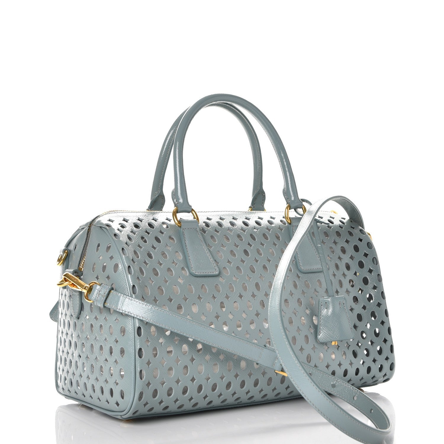 Prada Saffiano Vernice Perforated Satchel Lago 4 of 10