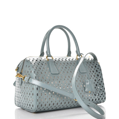Prada Saffiano Vernice Perforated Satchel Lago 4 of 10