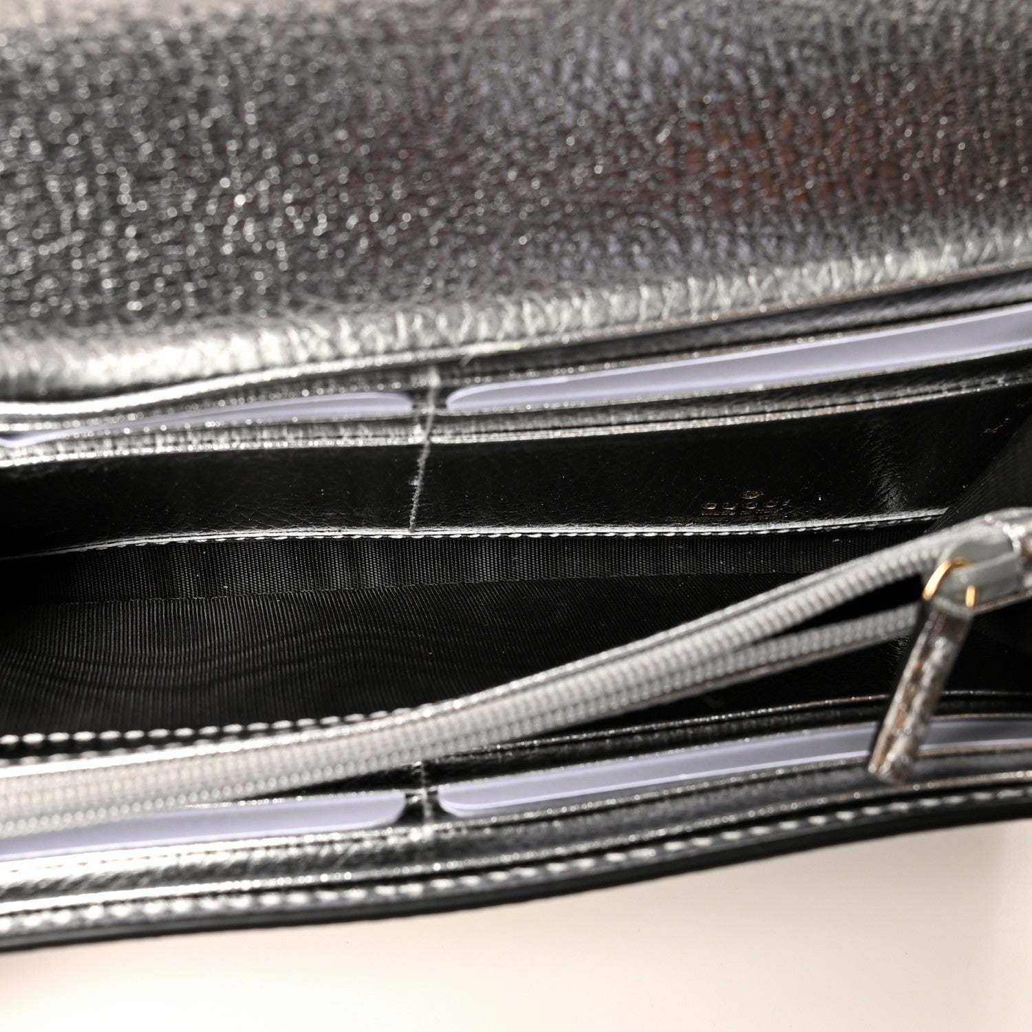 Gucci Metallic Calfskin GG Supreme Monogram GG Marmont Continental Wallet Silver Beige Ebony 7 of 9