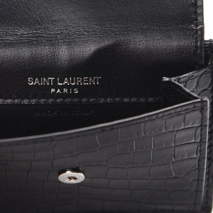 Saint Laurent Calfskin Crocodile Embossed Uptown Monogram Card Case Black 6 of 7