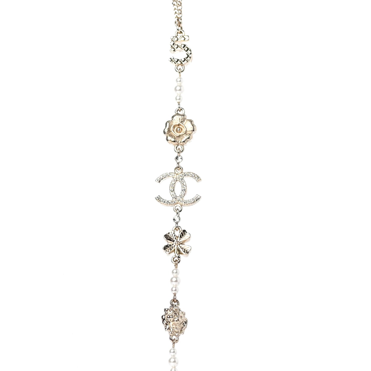 Crystal Pearl CC Camellia Long Necklace Gold