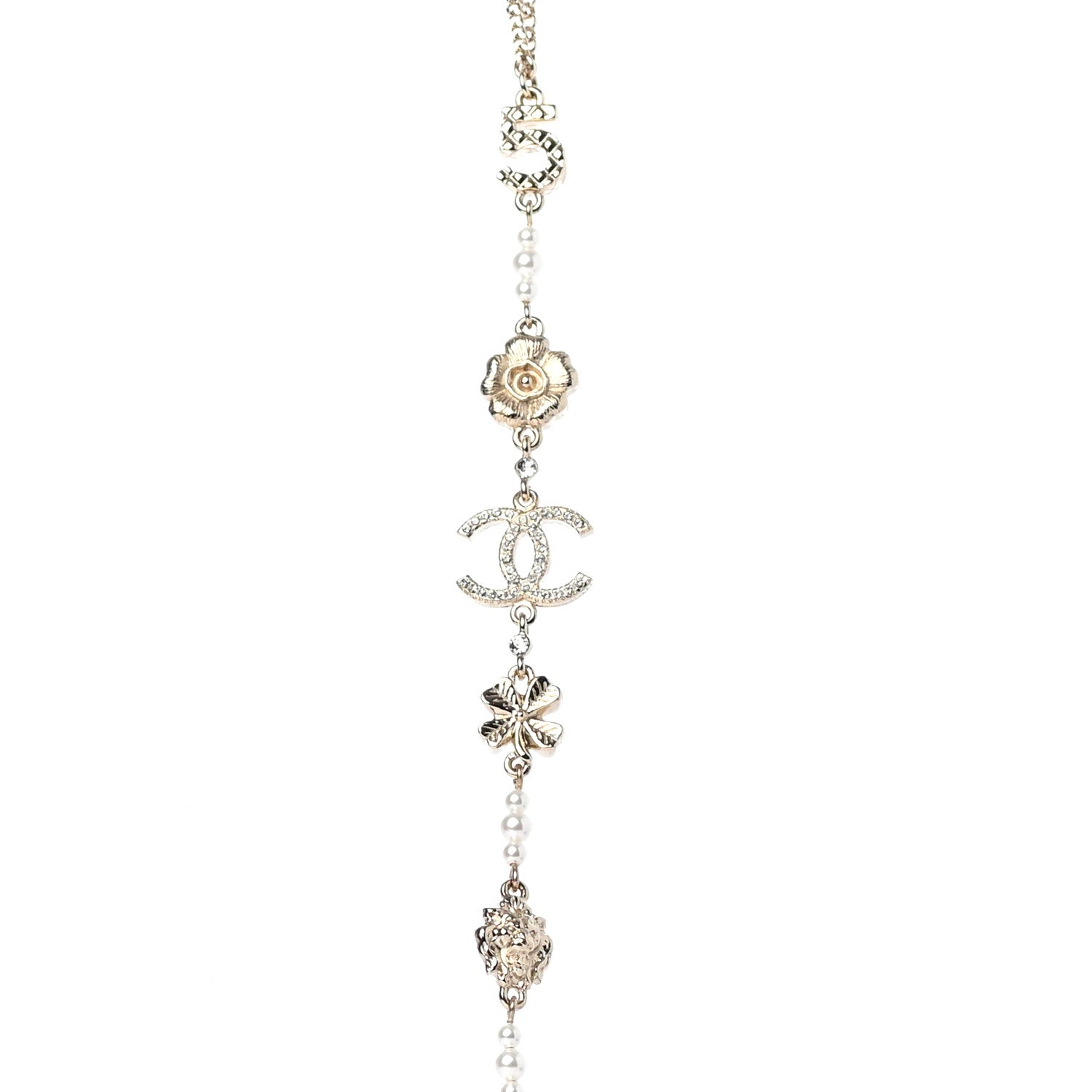Chanel Crystal Pearl CC Camellia Long Necklace Gold 3 of 4